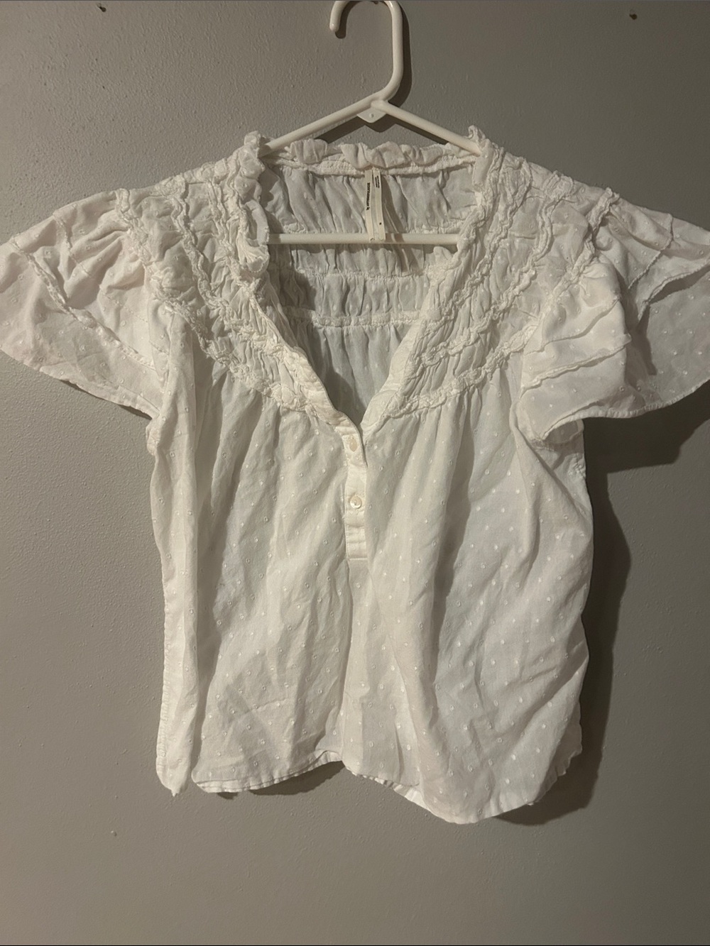 Anthropologie White Swiss Dot Ruffled Peasant Blouse